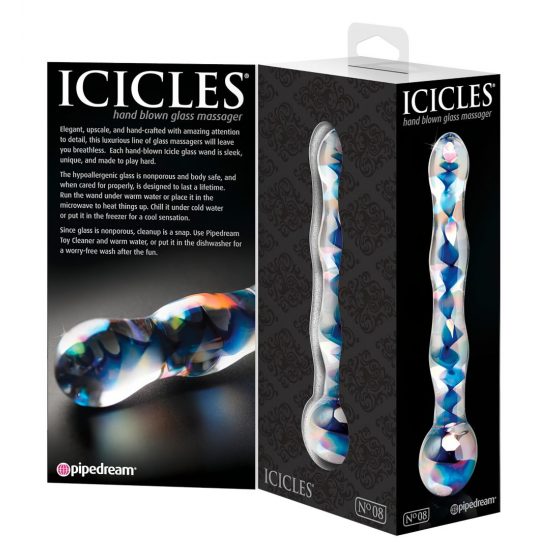 Icicles No. 08 - oboustranné skleněné dildo s vlnitým povrchem (průhledné-modré)