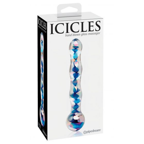 Icicles No. 08 - oboustranné skleněné dildo s vlnitým povrchem (průhledné-modré)