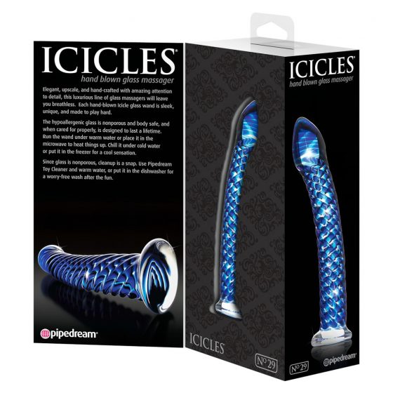 Icicles No. 29 - spirálové skleněné dildo s penisem (modré)