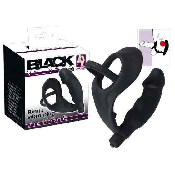 You2Toys Black Velvets Ring& Vibro Plug - krúžok na penis a semenníky s análným vibrátorom (čierny)