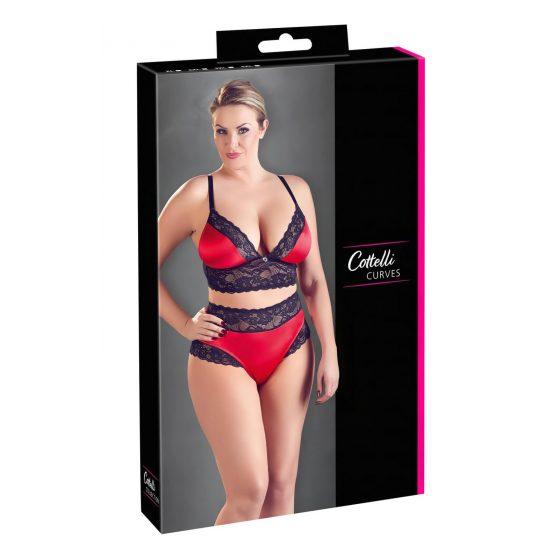 Cottelli Plus Size - krajková saténová podprsenka set (černá-červená)