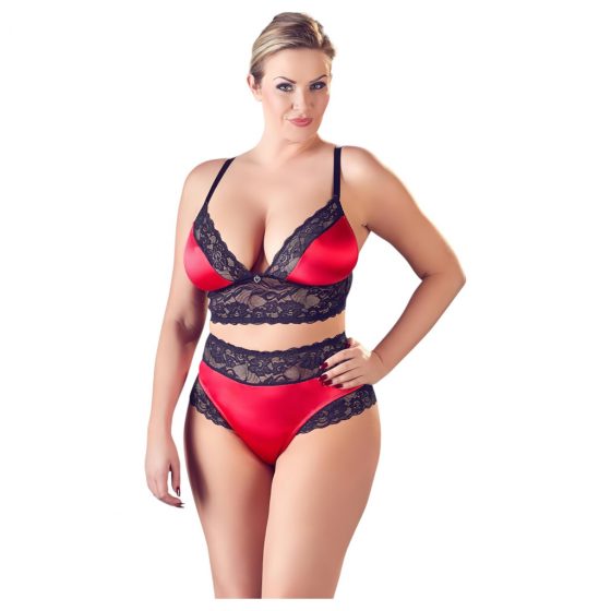 Cottelli Plus Size - krajková saténová podprsenka set (černá-červená)