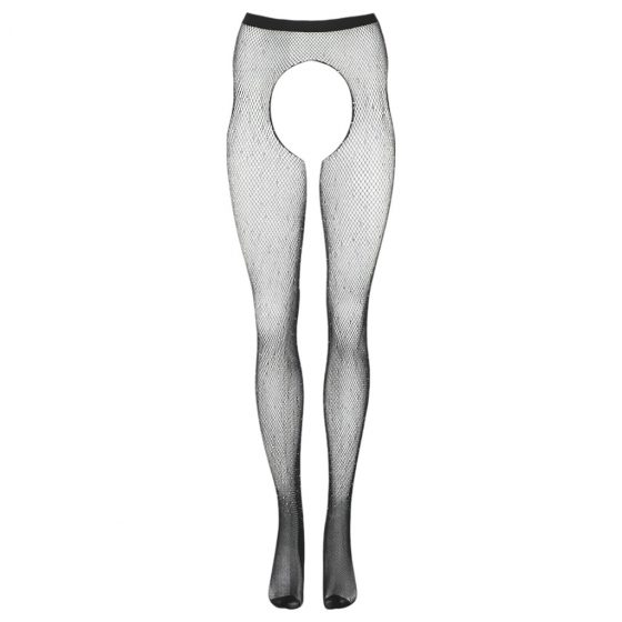 Cottelli Legwear - otevřené, lesklé punčocháče s kosticemi - černé (S-L)