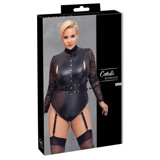 Cottelli Bondage Plus Size - krajkové body s rukávy (černé)