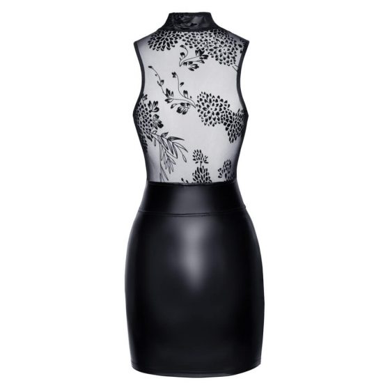 Noir - průsvitný top, lesklé mini šaty (černé)
