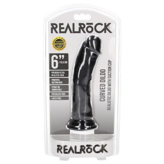 RealRock Curved - zakřivené realistické dildo s lepivými nožičkami - 15,5 cm (černé)