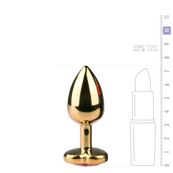 Easytoys Metal No.3 - anální dildo s růžovým kamínkem ve tvaru srdíčka - zlaté (2,5cm)