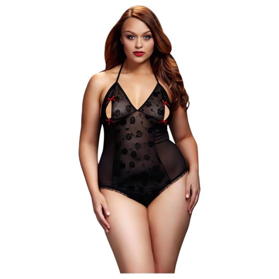 BACI Plus Size - průsvitné body s páskem za krk - černé (XL-XXL)